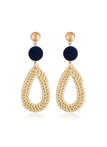 WOMEN'S BAMBOO WOODEN STRAW TRIANGLE LONG DROP EARRING