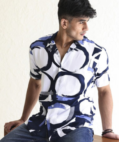 BLUE AND WHITE CIRCLE PRINT SHIRT