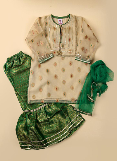 Fancy Gharara Glow 3 PCs Suit For Girls - Green