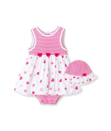 Little Me 2 pc Bodysuit Dress & Cap Set – Stripes and Hearts