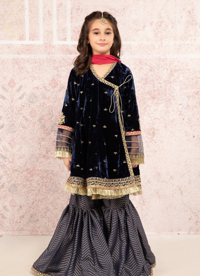 Kids Embroidered Velvet Shirt With Gharara