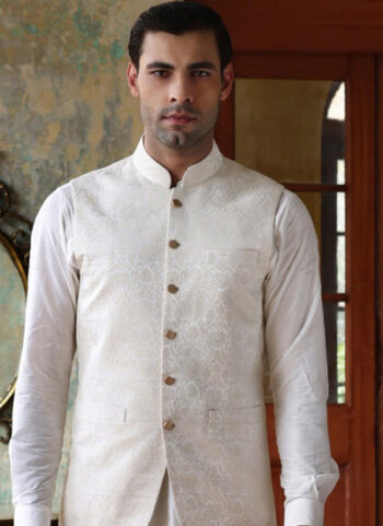 Men Off White Karandi Jamawar WaistCoat