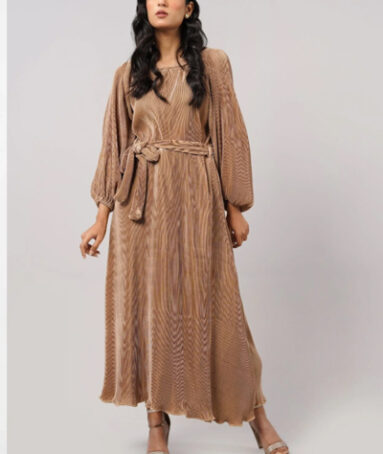 Pleated Puff Sleeve Dress With Belt - Dark Beige