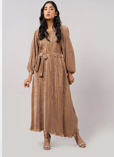 Pleated Puff Sleeve Dress With Belt - Dark Beige