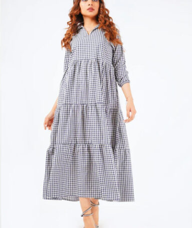 V Neck Collared Dress - Blue White Gingham Check