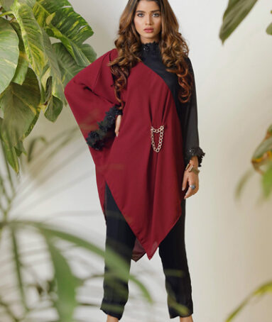 Black Maroon Color Block Angualar Top