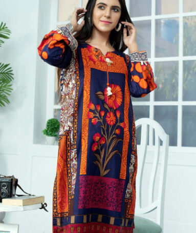 Blue And Orange Printed Lawn Shirt