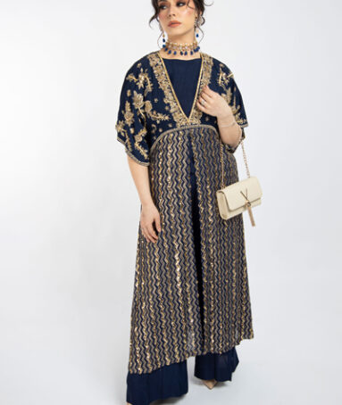 Blue Pure Chiffon Kaftan With Trousers