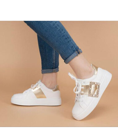 Embroidered Gold White Shoes For Girls