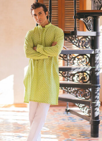 Green Chikan Cotton Suit For Men