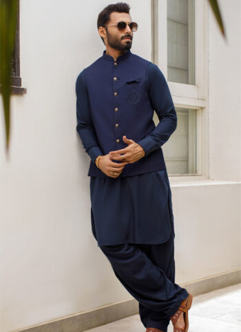 Navy Blue Boski Linen Kurta Shalwar