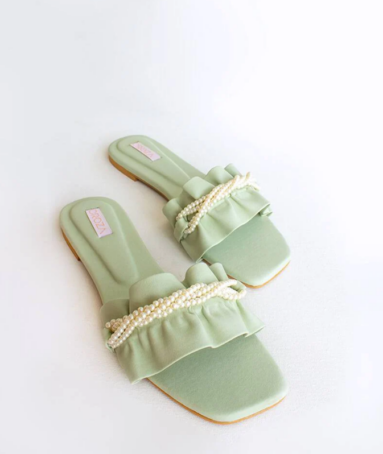 Mint Green Ruffled Pearl Flats