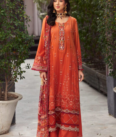 3 Piece Orange Embroidered Lawn Dress