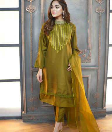 Olive Gold Korean Raw Silk Dress