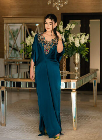 Teal Kaftan Hand-Crafted Neckline Dress