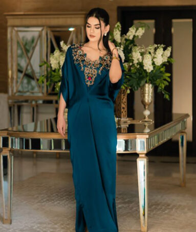 Teal Kaftan Hand-Crafted Neckline Dress