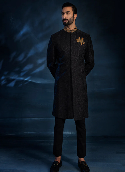 A Self Embroidered Black Classic Sherwani