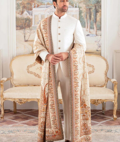 An Ivory Silk Jamawar Prince Coat