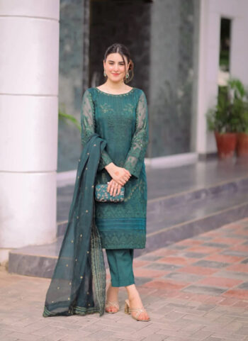 Embroidered Bottle Green Raw Silk Dress