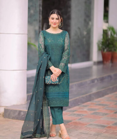 Embroidered Bottle Green Raw Silk Dress