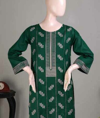 Green Cotton Embroidered Stitched Kurti