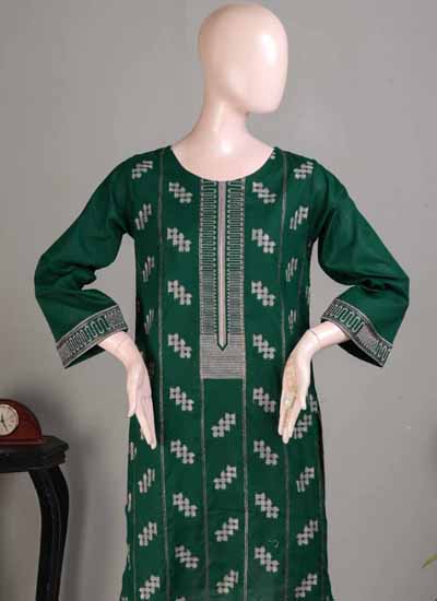 Green Cotton Embroidered Stitched Kurti