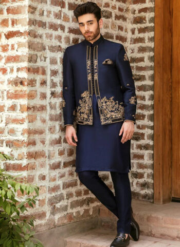 Korean Rawsilk Blue Princecoat For Men