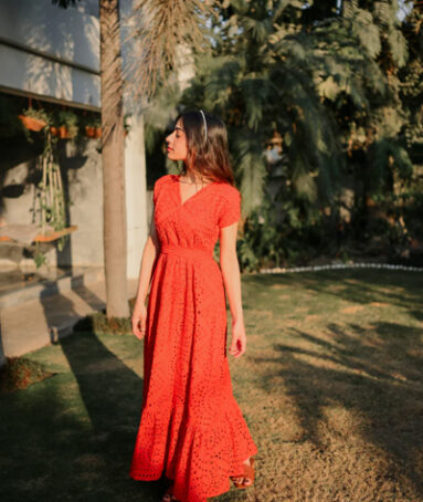 Marigold Bright Orange Chikan Dress