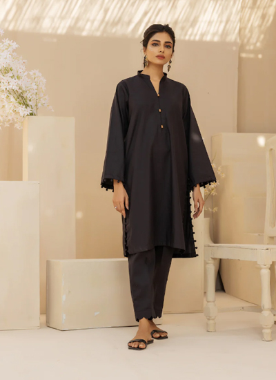 2 PC Black Lawn Solid Stitched Suit