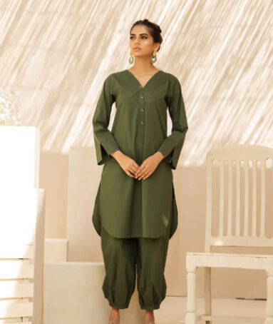 2PC Green Luxe Cotton Solid Stitched Suit