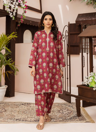 2PC Maroon Lawn Printed Stitched Suit