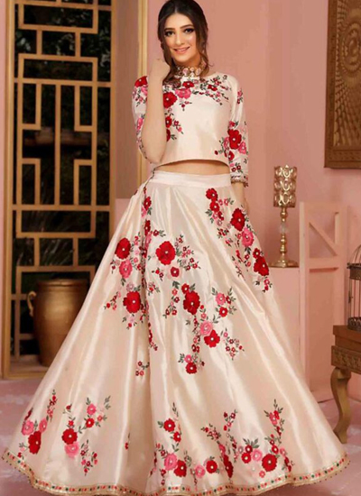 Beige Red Raw Silk Lehnga Choli