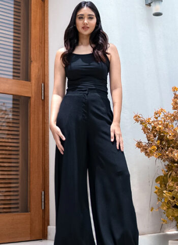 Black Crepe Fabric Wide-Legged Pants