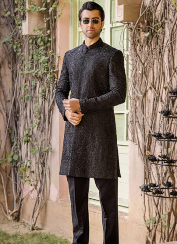 Black Pure Silk Sherwani For Men