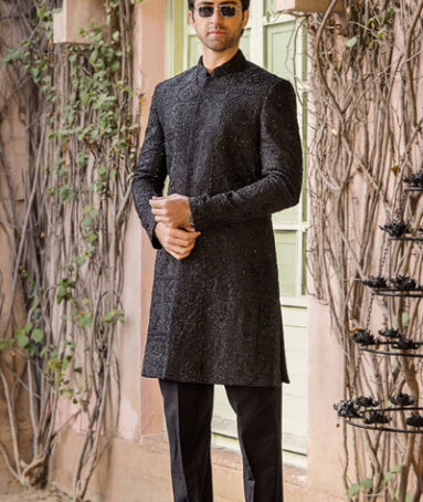 Black Pure Silk Sherwani For Men