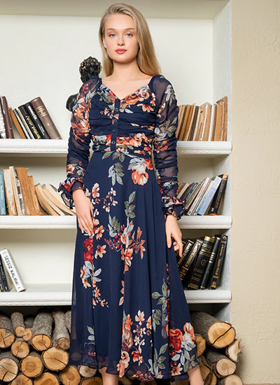 Blue Chiffon Printed Long Maxi Dress