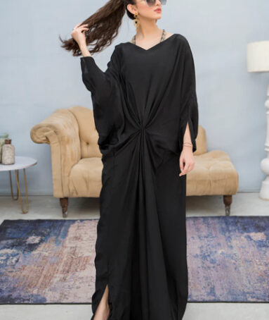 Lace Embroidered Neckline Silk Kaftan