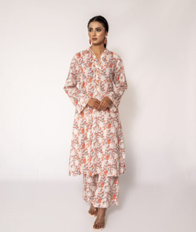 Orange Floral 3 Piece Lawn Dress